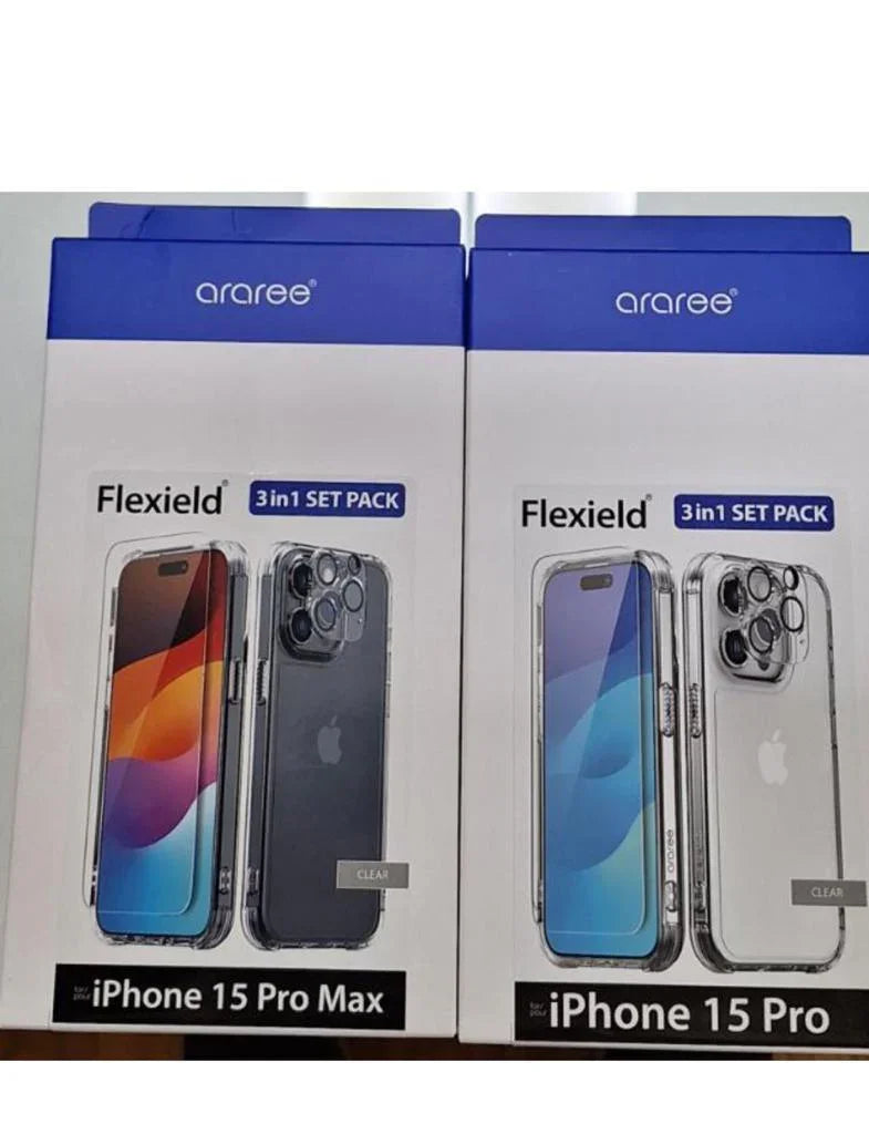 Araree Flexield 3 In 1 Bundle Pack For Apple iPhone 15 Pro Max - Clear - Tashqila Araree Flexield 3 In 1 Bundle Pack For Apple iPhone 15 Pro Max - Clear - Tashqila